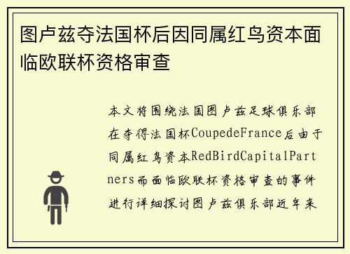 图卢兹夺法国杯后因同属红鸟资本面临欧联杯资格审查